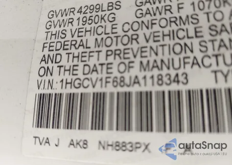 2018 Honda Accord Ex-L z USA, uszkodzony, nr VIN 1HGCV1F68JA118343